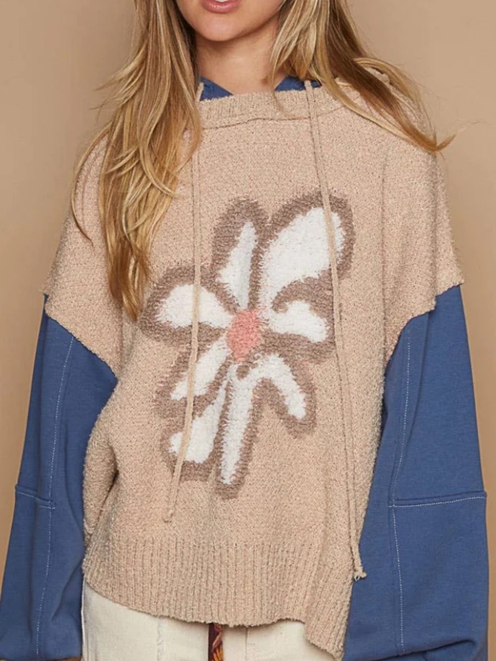 POL Wheat/Navy Oversized Balloon Sleeve Flower Power Sweater Hooded Top Small